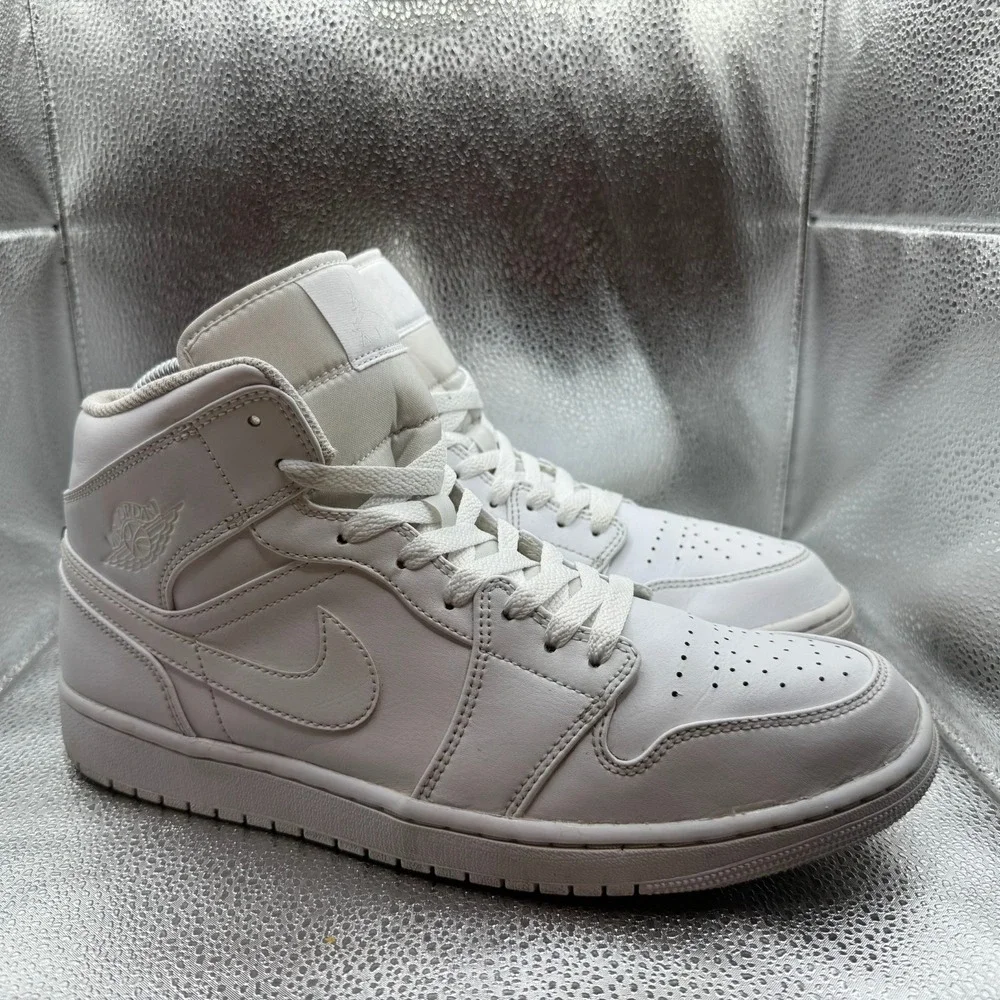 Size 12 - Nike Air Jordan 1‎ Mid White Leather Basketball Sneakers 554724-136